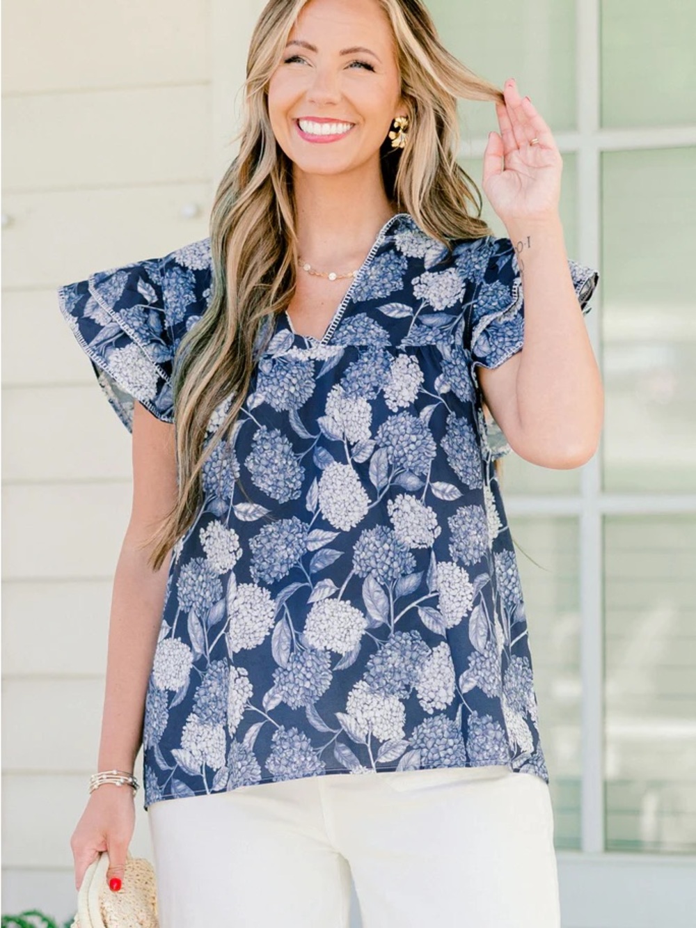 Chic Soul Navy Floral Ruffle Sleeve V-Neck Blouse size 2X